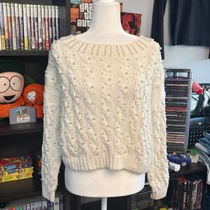 Vtg 90s Inny Cream Pearl Embellished Cable Knit Sweater Large Ramie Cotton Blend